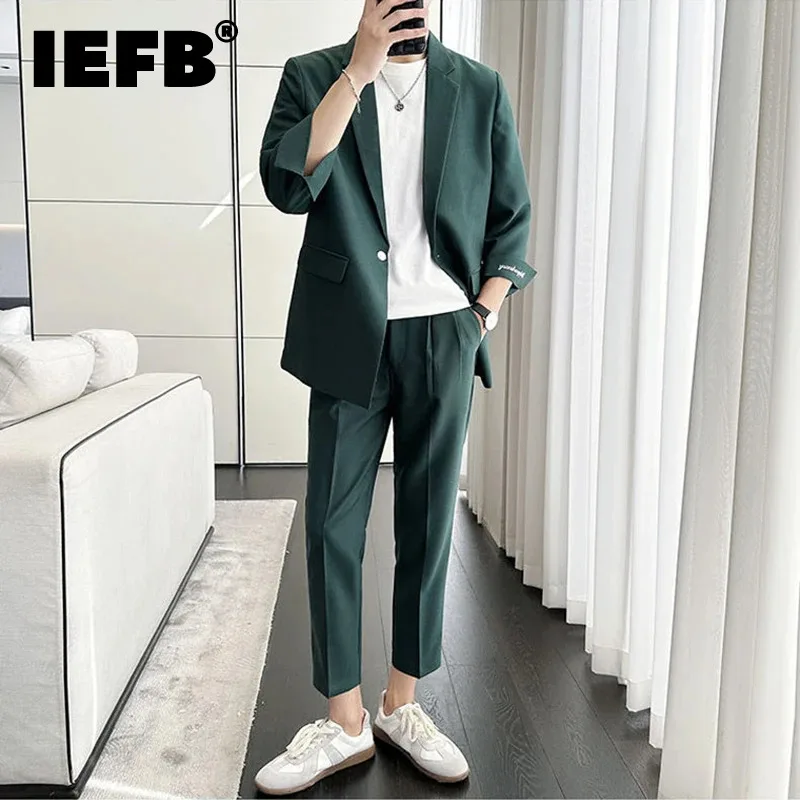 

IEFB New Men's Suit Sets Long Sleeve Business Casual Tops Straight Slim Loose Male Pants Solid Color Summer Fashion 9C6459