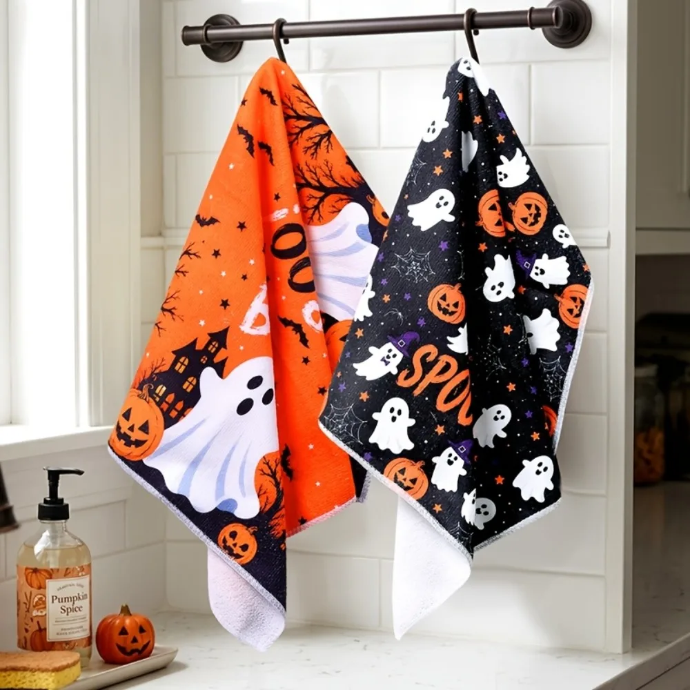 2PCS Ultra-Fine Fiber Halloween Kitchen Towel Quick Drying Absorbent Hand Towel Ghost Pumpkin Pattern Colorful Printed