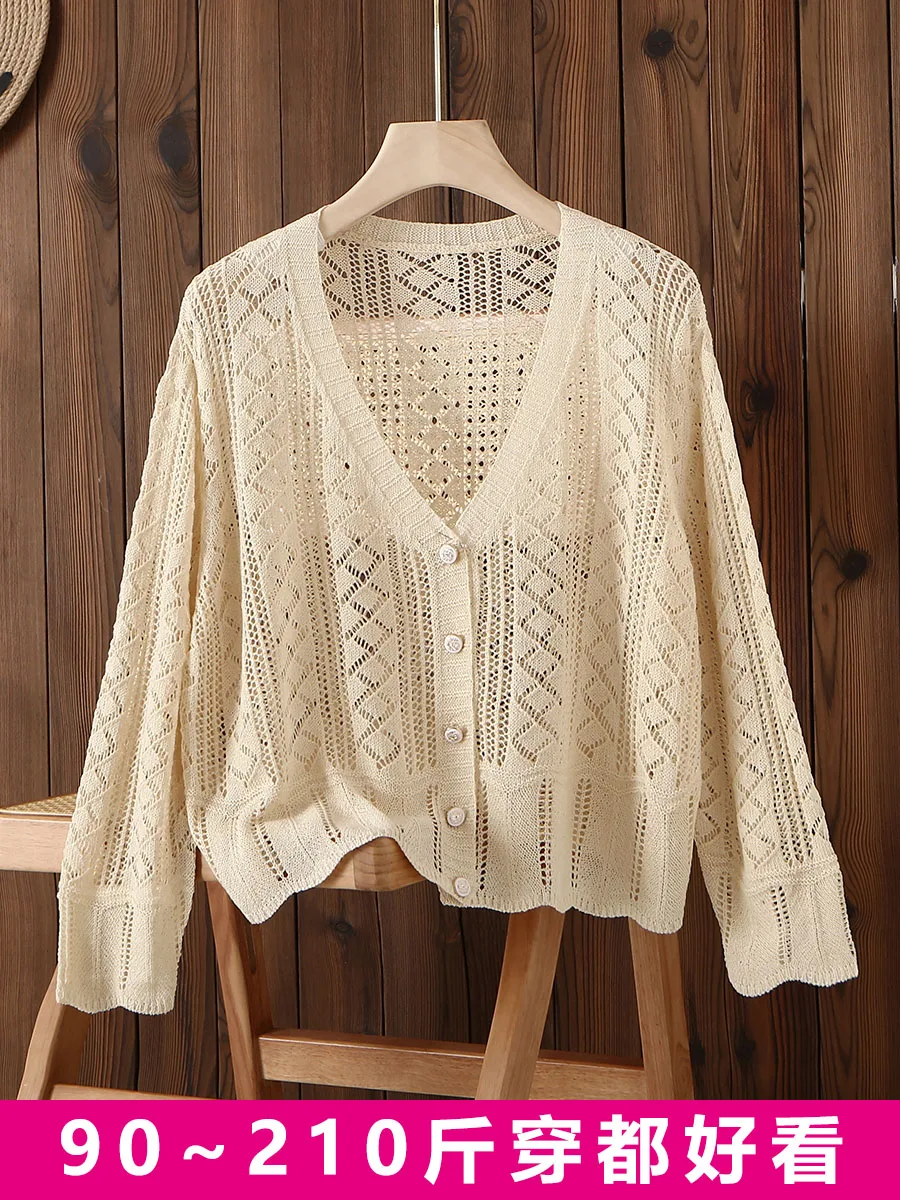 

High Quality Hollowed Out Ice Silk Knitted Cardigan for Women, Thin Summer Loose Long Sleeved Top, Stylish Short Style