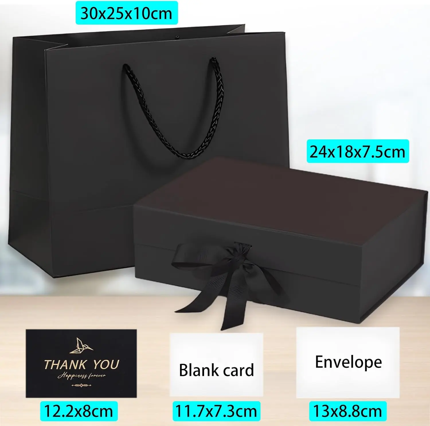 

Black Gift Box with Lid, Ribbon, Gift Bag and Greeting Card, 9.4x7x3 Inches, Magnetic Closure, Great for Birthdays, Weddings, Va