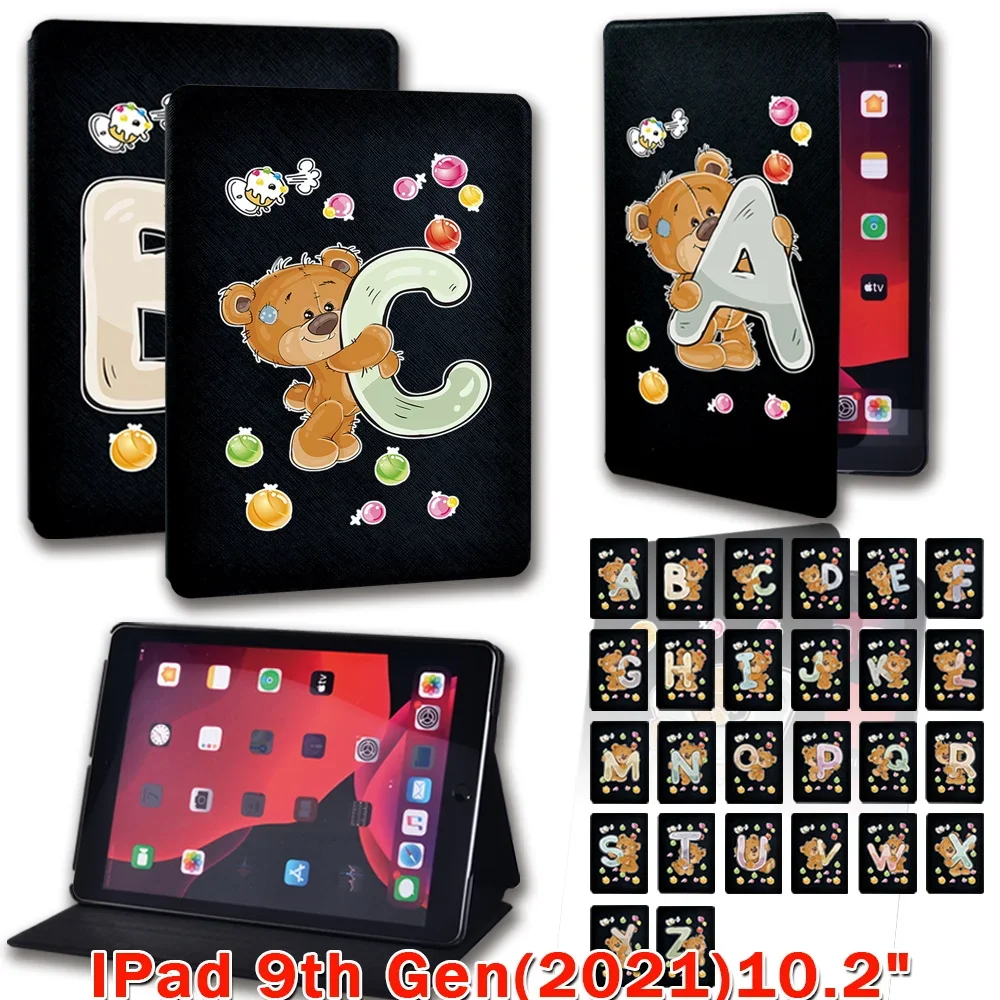 

For IPad 9th Generation Case Tablet Protective Cover for New ipad 10.2 2021 Bear Letter Pattern Leather Foldable Stand Cover