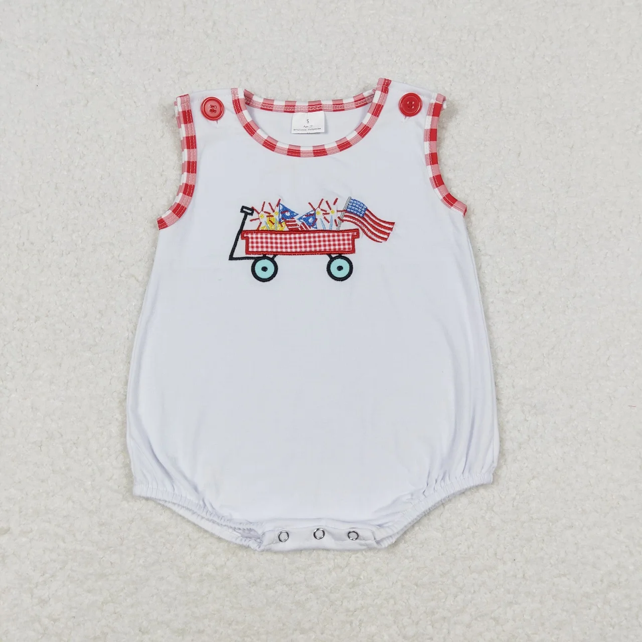 

Wholesale Newborn Toddler Sleeveless Flag White Cotton Jumpsuit Kids Children Overall Baby Boy July 4th Bubble Romper Clothes