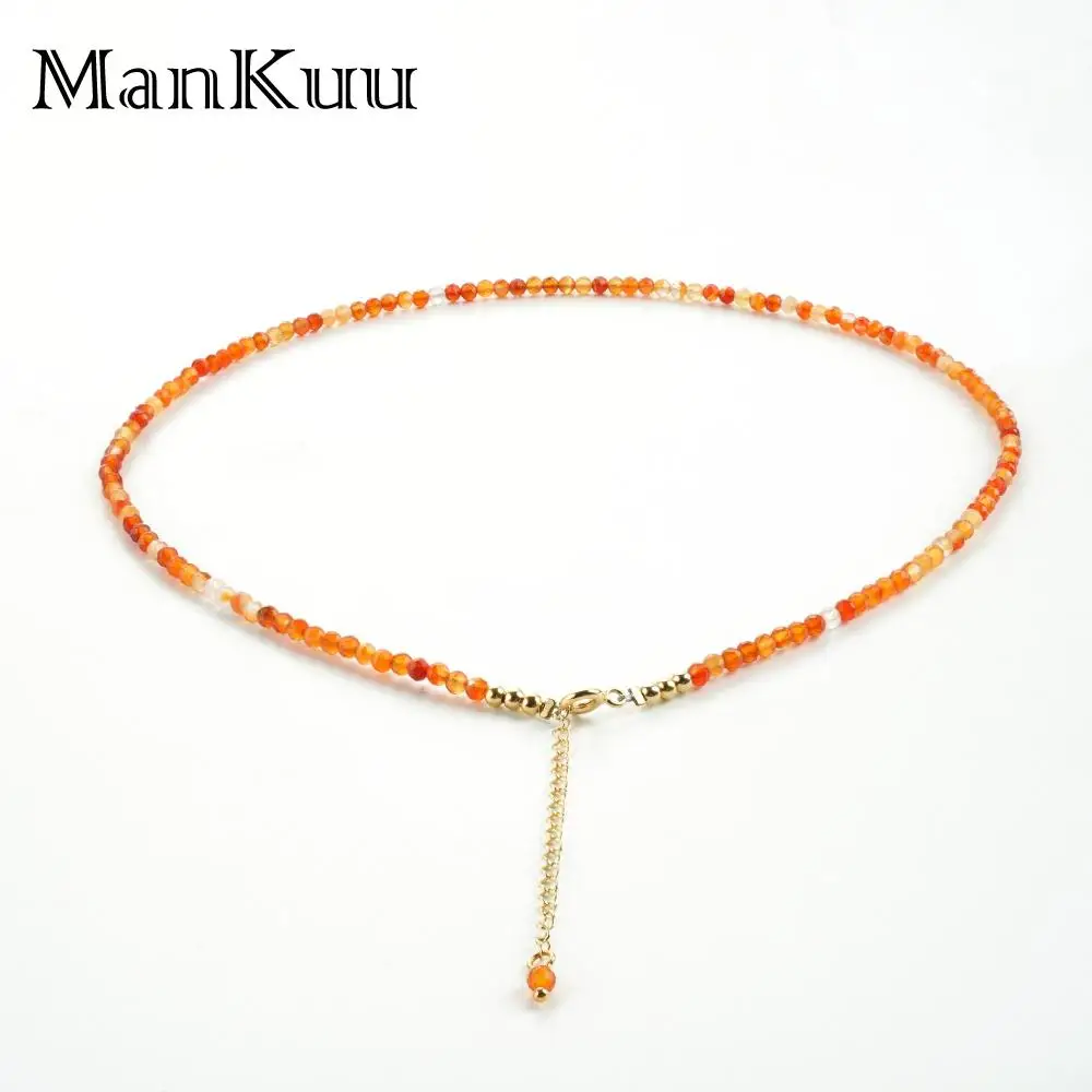 MANKUU Natural 3mm Faceted Bonus Agate Bead Necklace Adjustable 40+5cm Gold Clasp Orange Stone Jewelry Women Release Mood Relax