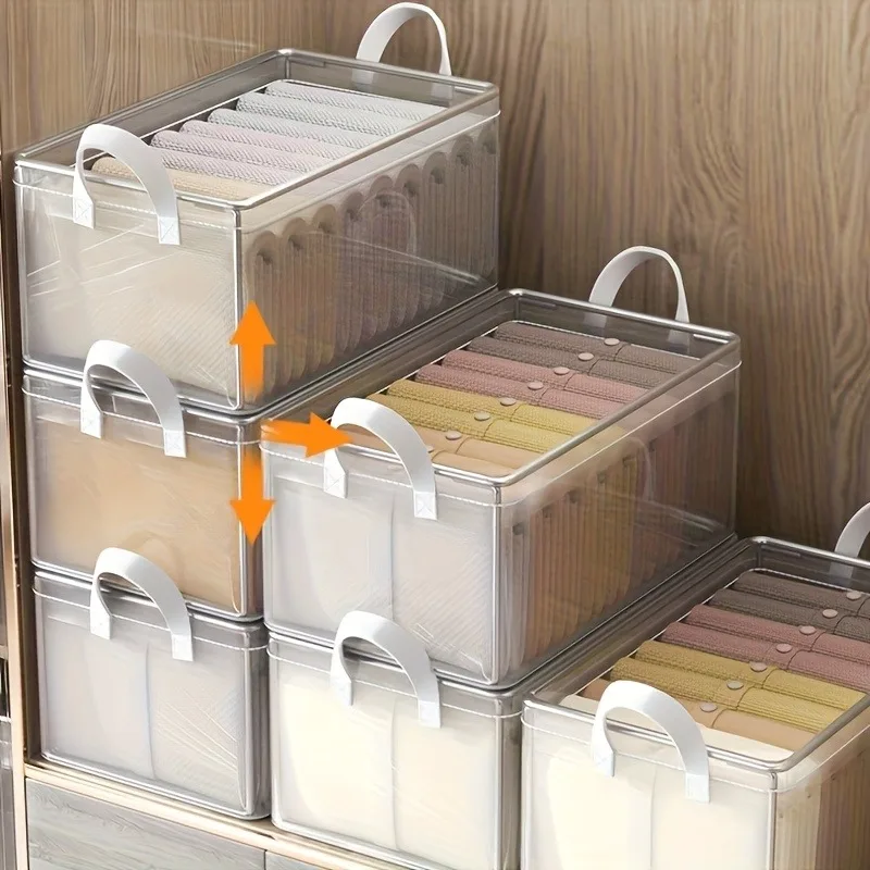 

10 шт. прозрачных штабелируемых корзин для хранения, экономящих место, для шкафа, гардероба, полок, органайзеры для ткани, для ванной, спальни, домашней организации
