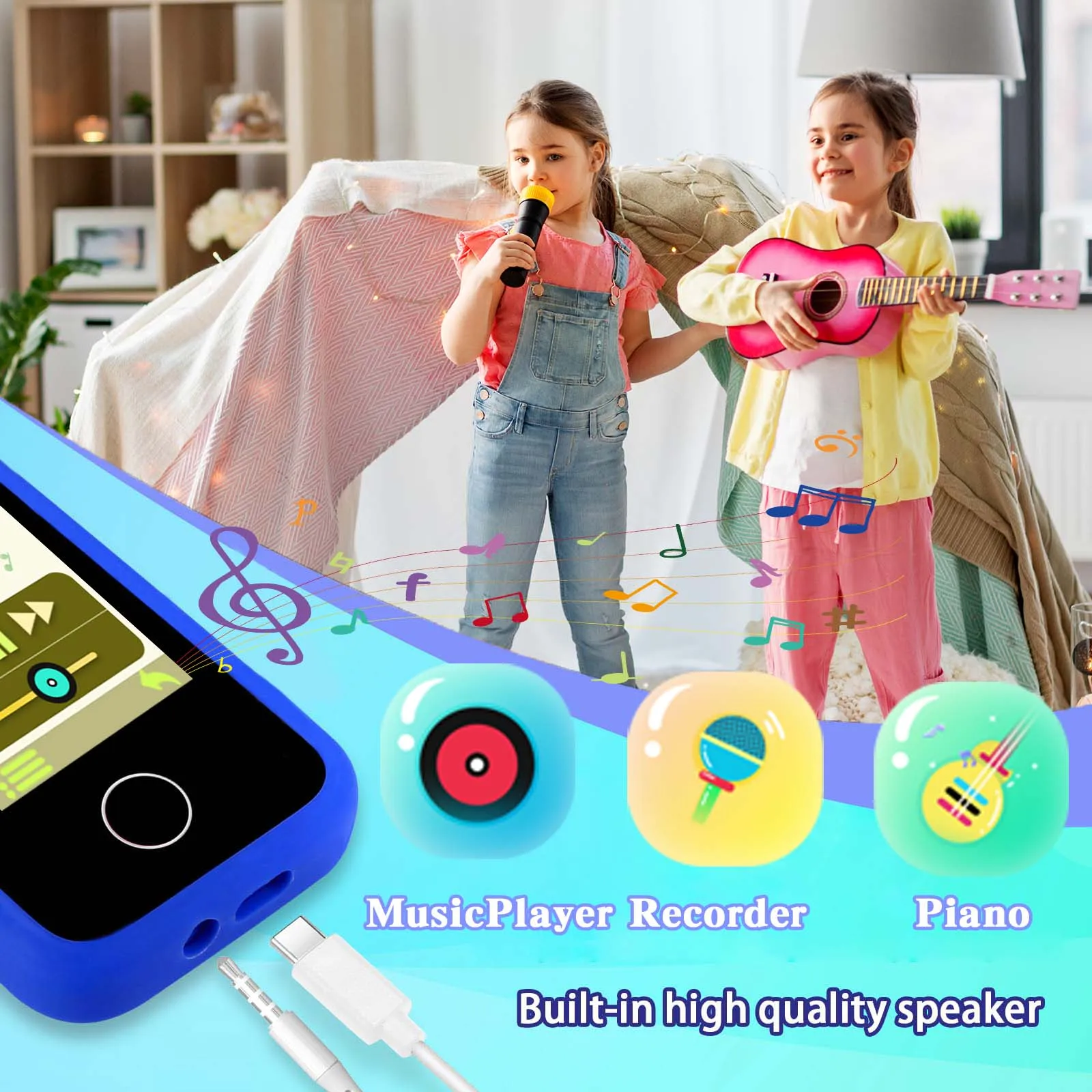 Appareil photo avec lecteur de musique pour enfants, jouets pour tout-petits, téléphone portable du matin, faux téléphone intelligent, écran tactile de 2.4 pouces, apprentissage de l'appareil photo, garçons et filles