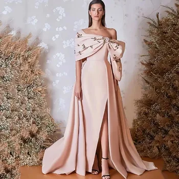 핑크 럭셔리 롱 챠미즈 활 라인석 플리츠 구김, 발렌타인 데이, A 라인, 원 숄더, 맞춤형 가운, 2024