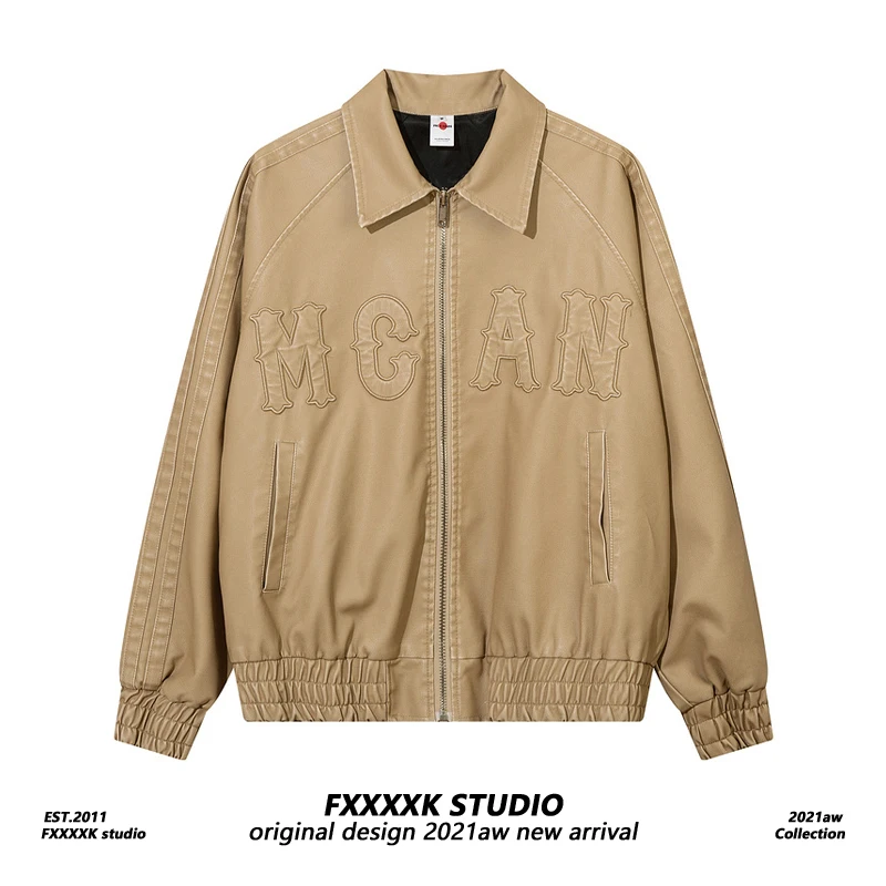 FXK Original bestickter Buchstabe PU-Leder Jaet Vintage American Street Sle Herren Damen Baseballmantel Herbst Oberbekleidung