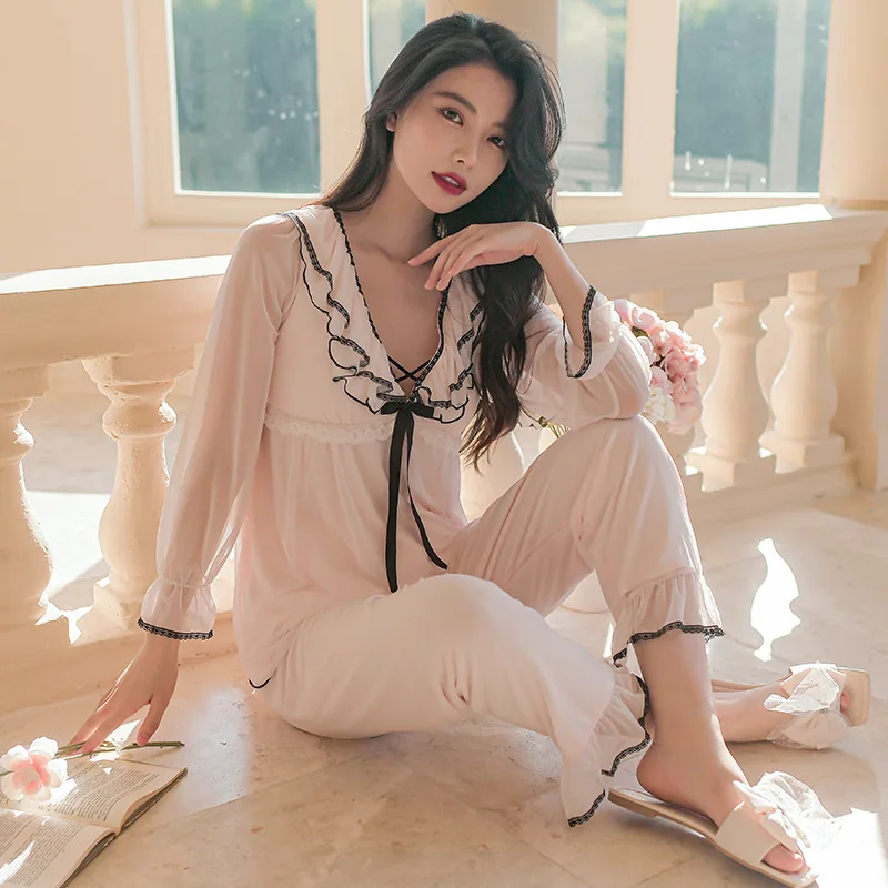 Fairy Butterfly V-Neck 2Pcs Sleep Set Female Modal Sleepwear Princess Style Mesh Shirt&pants Casual Pajamas Suit Loungewear