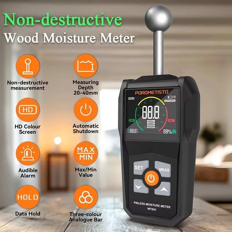 WTS01 Digital Wood Moisture Meter Non-destructive Spherical Hygrometer Record Humidity Auto Detect Wettest Timber Damp Detector