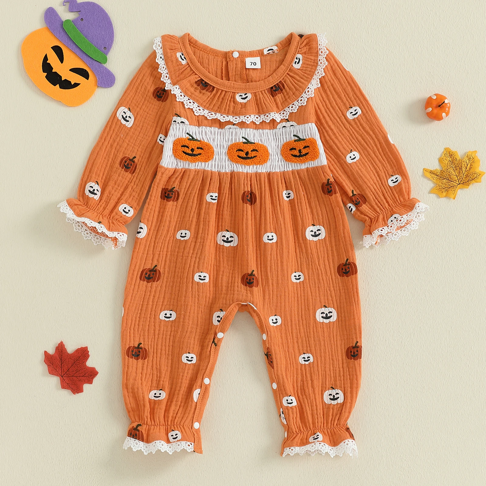 

0-12 Months Baby Girls Halloween Romper Pumpkin Print Long Sleeve Lace Ruffled Round Neck Jumpsuit