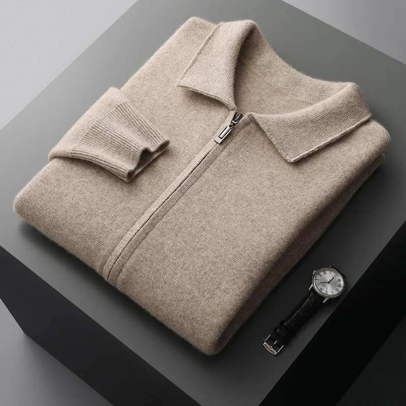 

New Men's Lapel 100% Pure Wool Sweater Coat Comfortable Zipper Long-sleeved Cardigan