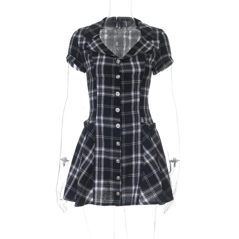 Goth Dark Streetwear Cyber Y2K Party Outfits Mall Gothic Short Sleeve Button A-line Dress Women Chic Plaid Mini Dresses Preppy - view 6