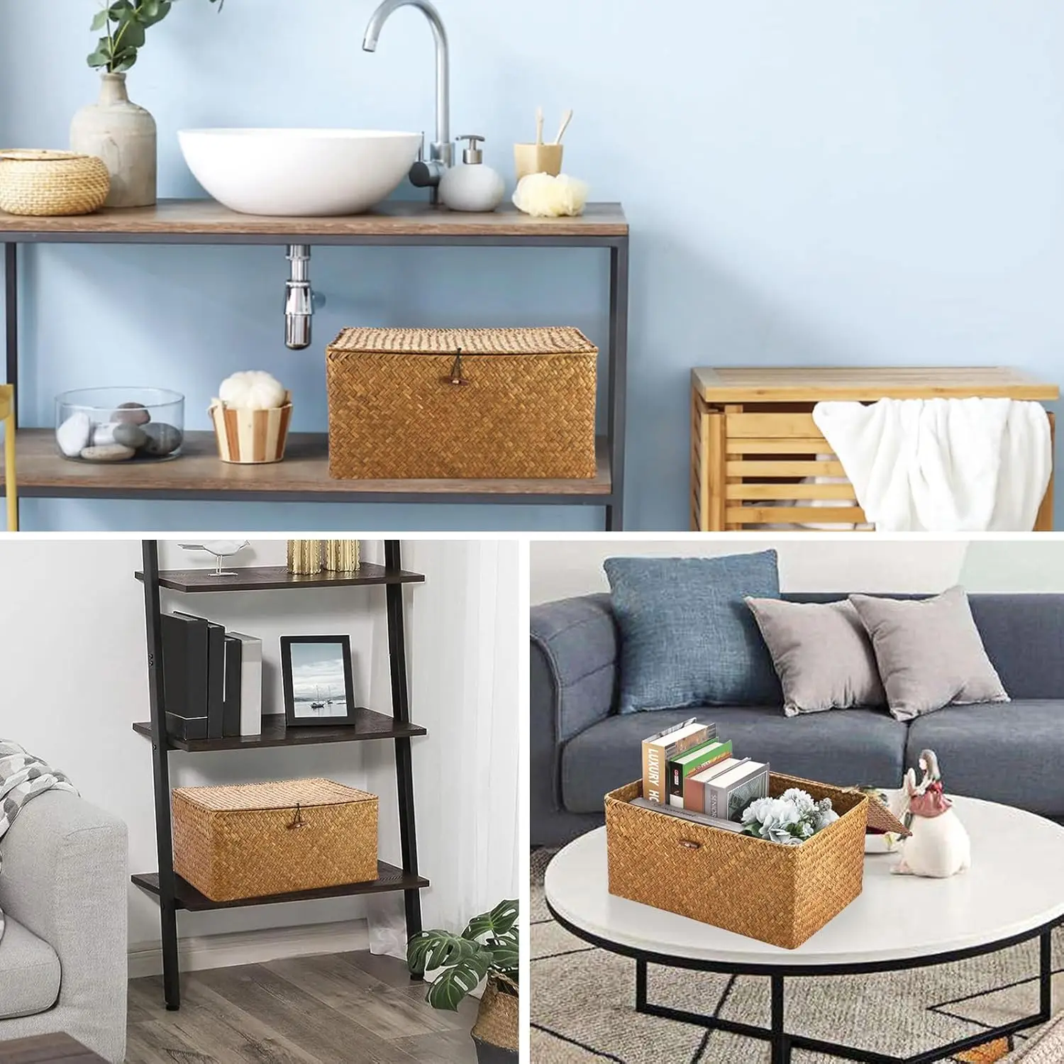 Wicker Shelf Baskets Bin with Lid, Handwoven Seagrass Basket Storage Bins Rectangular Household Basket Boxes for Shelf Wardrobe