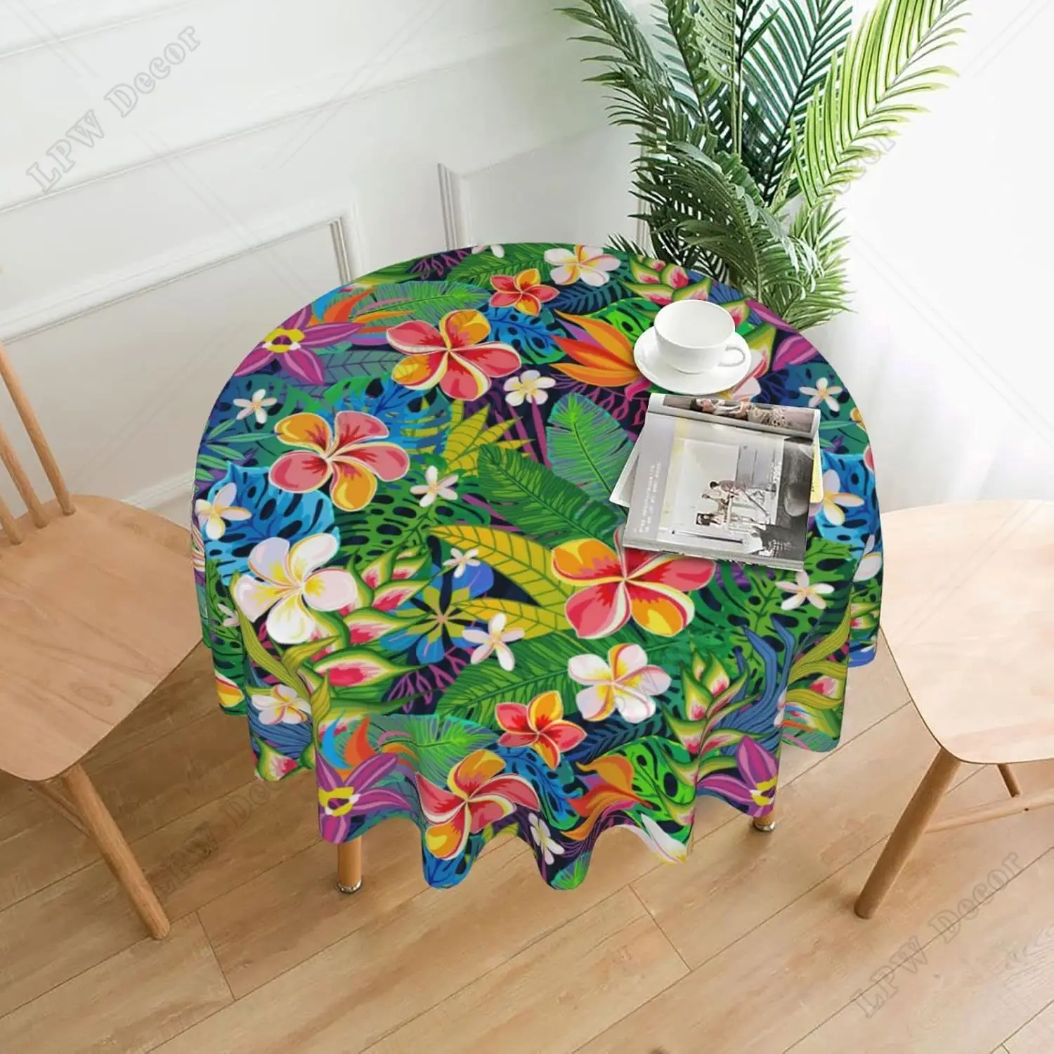 Hawaiian Tropical Plants Flowers Leaves Round Tablecloth 60 Inch Table Cloths for Dinner Party Picnic Camping Tabletop Decor