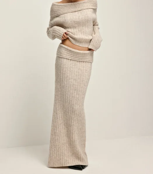 

Женская юбка, комплект из двух предметов, сексуальный однотонный вязаный свитер с открытыми плечами, повседневная юбка с высокой талией, офисный женский комплект с юбкой, осень