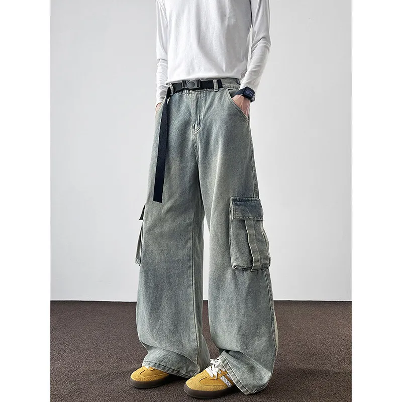 

Мужские джинсы American Sle свободного кроя в рабочем стиле, модные, брендовые, с большими карманами, прямые, винтажные, в стиле High Street, длиной в пол.