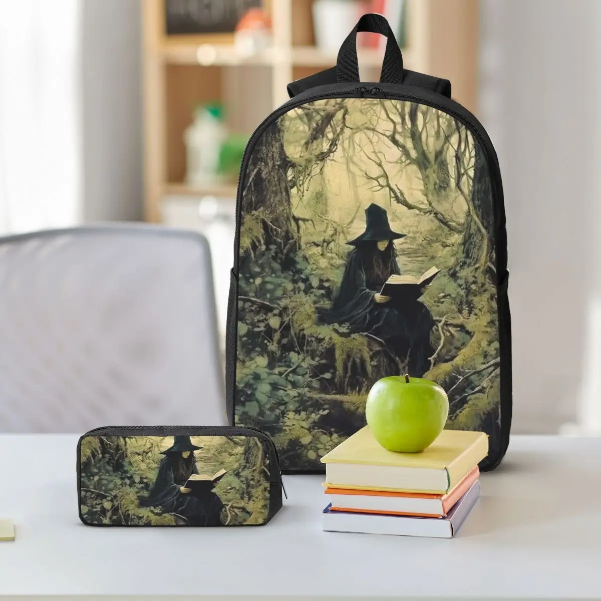 Witch Reading Books In Enchanted Forest Backpack Student BookBag School Bag Shoulder Bags 3ps Insulated Lunch Bag Pencil Case