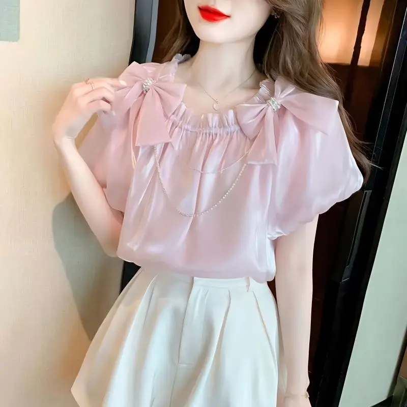 

Chiffon Shiny Gauze 2026 French Ethereal Sweet Off-Shoulder Short Sleeve Designer Women's Top