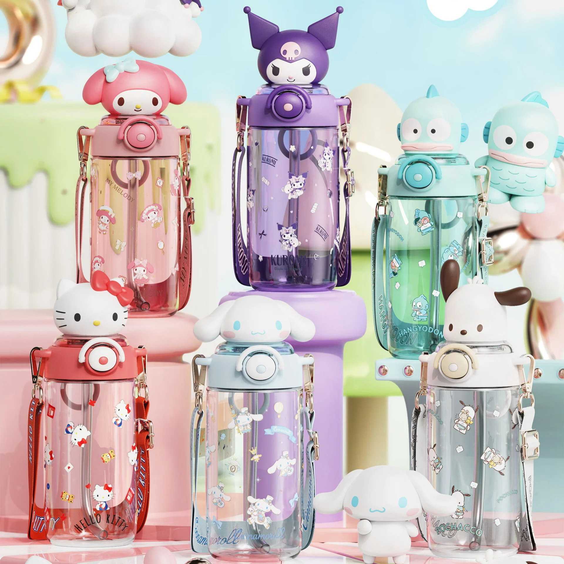 

650Ml Sanrio Sunshine Straw Cup Female Students Cute Portable Hello Kitty Cinnamoroll Kuromi Cartoon Tritan Plastic Water Cup