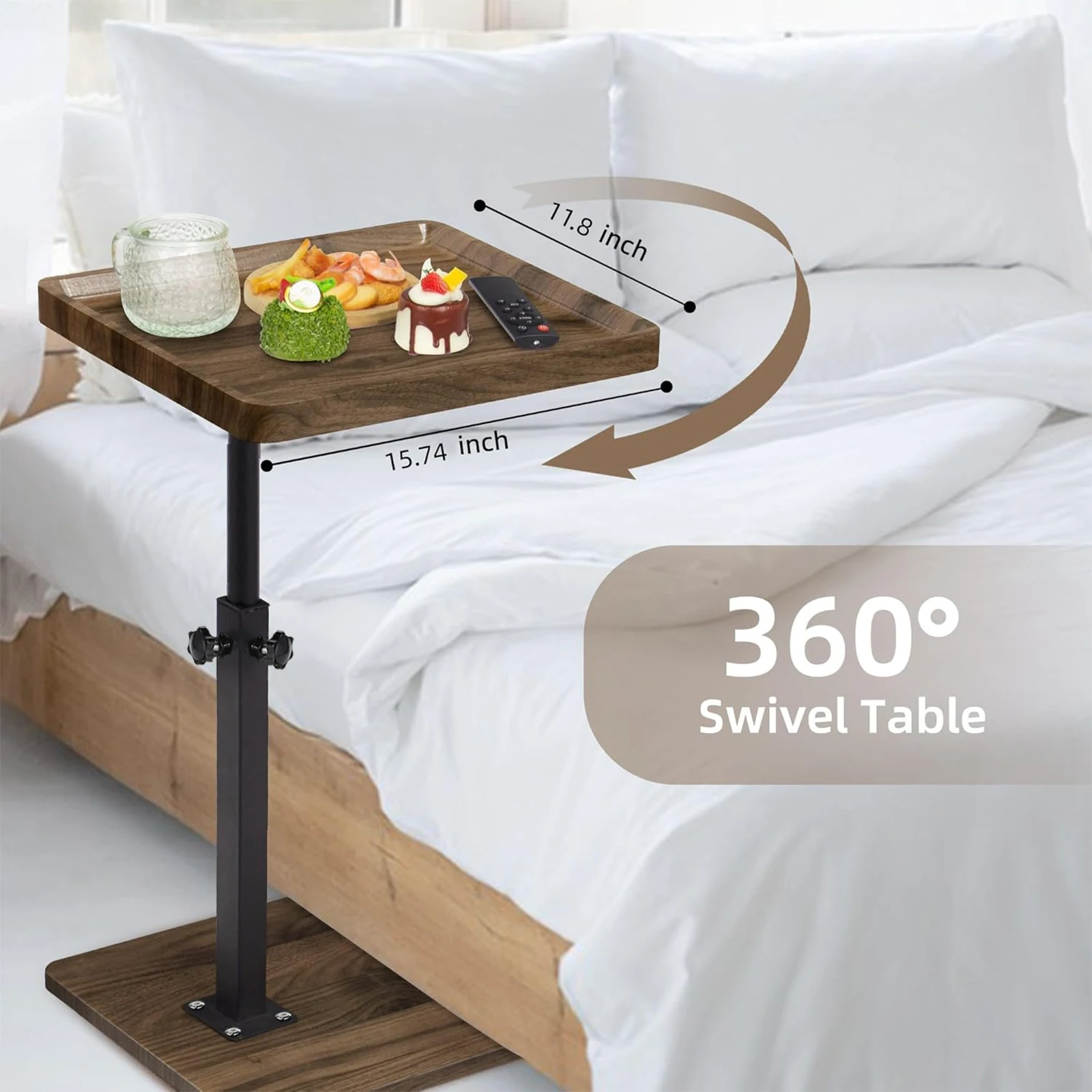 طاولة نهاية قابلة للتعديل بارتفاع 360 درجة، طاولات أريكة دوارة للتلفاز، طاولات جانبية مع عجلات لكرسي الأريكة والسرير والوجبات الخفيفة #3