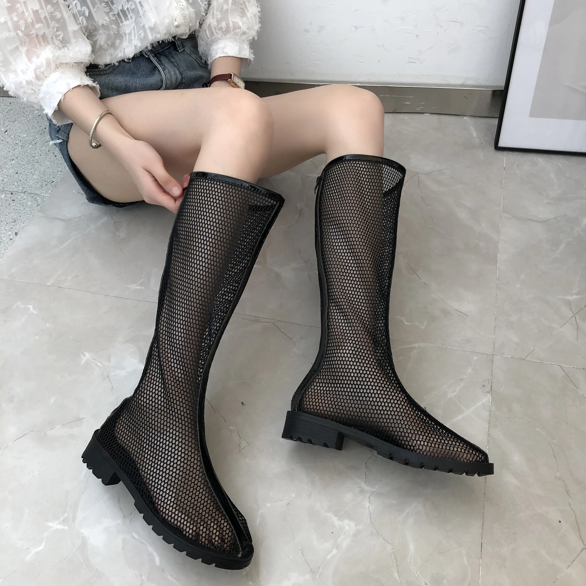 Women Round Toe Mesh Knee High Boots Cut Out Mesh Square Heel Sexy Party Club Lady Zipper Pointed Toe Breathable Short Boots