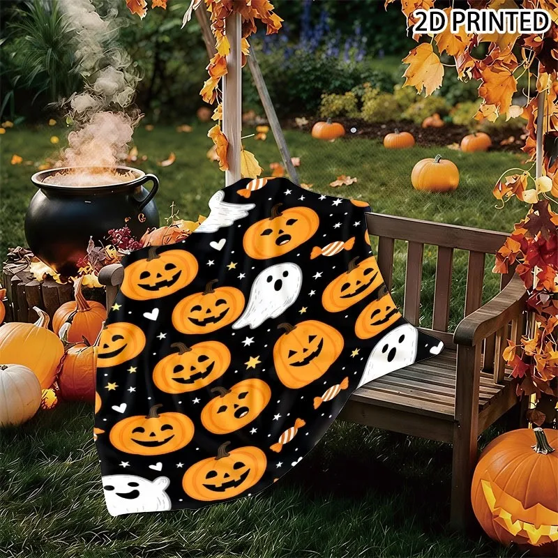 Playful Halloween Jack-o'-Lantern & Print Throw Blanket, Festive Fall Decor Cover with Orange Striped Candies & Star Heart Accen