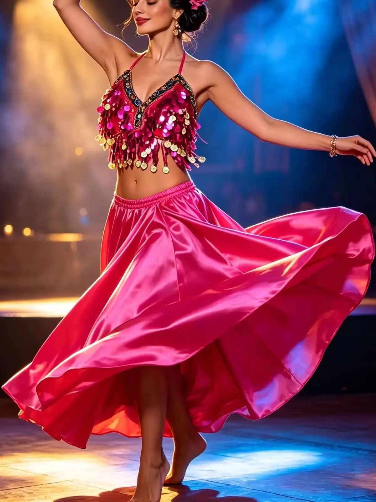 Conjunto de Danza Oriental de 2 Piezas: Top Halter con Lentejuelas y Falda Larga con Volantes para Danza del Vientre, India, Medio Oriente, Salsa y Actuaciones Tribales
