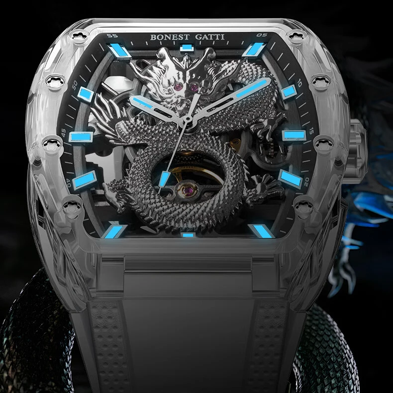 Reloj Automático BONEST GATTI para hombre, reloj de pulsera mecánico Tonneau de 45x53mm, caja acylic, esfera luminosa de dragón de zafiro, caucho fluorado