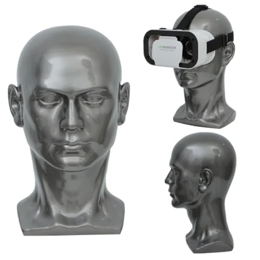 

Male Mannequin Head PVC Professional Head Model Display for Wigs Hat Mask Scarf Sunglasses with Mount Hole in Bright Grey Ideal
