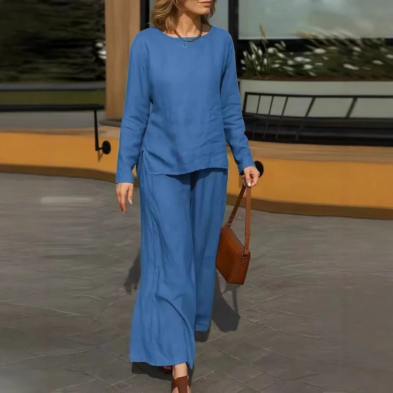 여성용 가을 라운드 넥 솔리드 컬러 루즈 티셔츠 캐주얼 팬츠 세트