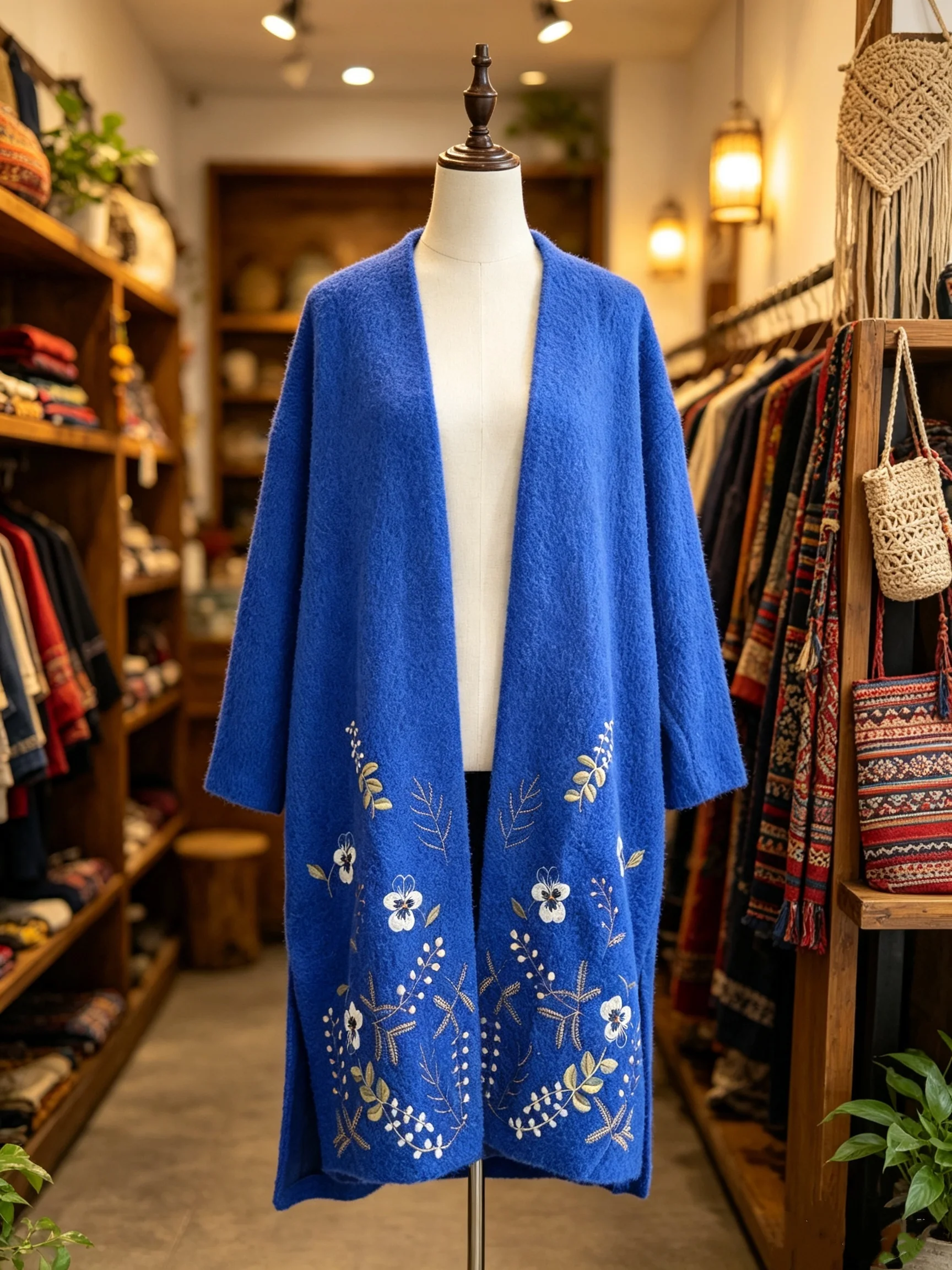 Women's Winter Coat Dark Blue Warm Thickened Parka with Vintage Embroidery Long Design for Cold Weather