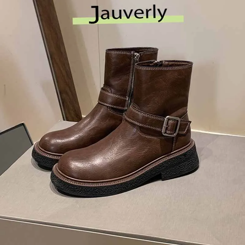 

2025 Women's Ankle Boots Autumn Work Fashion Elegant Punk New in Black Luxury Low Heel Round Toe Leather platform shoes