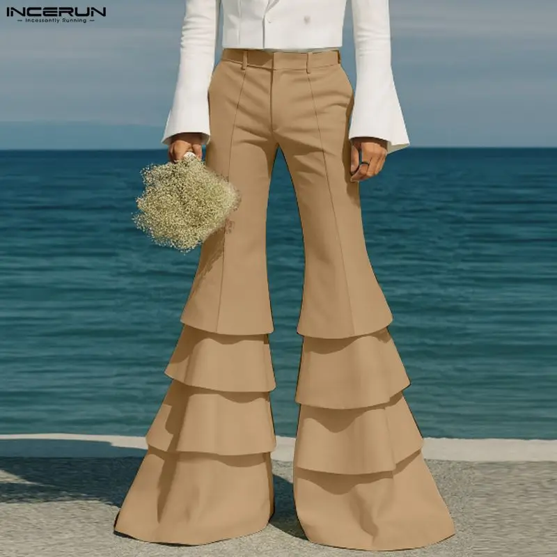 INCERUN Men Pants Solid Color Joggers Loose Casual Ruffle Flare Trousers Men Streetwear Party Fashion Male Long Pants S-5XL 2025