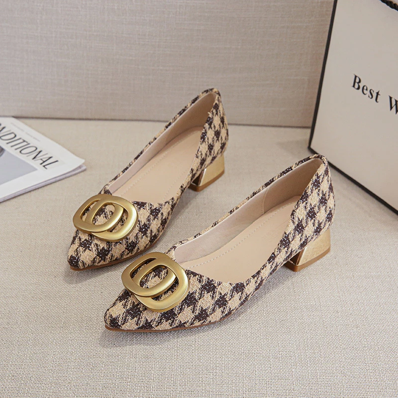 

Womens Houndstooth Pointed Toe Block Heel Pumps With Gold Metal Buckle Detail Elegant Retro Style Dress Shoes For Daily Wear