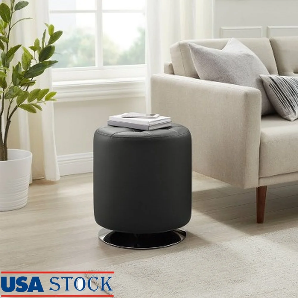 

Modern Swivel Ottoman Faux Leather Upholstered Round Padded Footstool Chrome Base Extra Seating Living Room Furniture No
