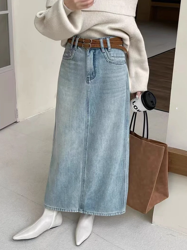 Vintage Harajuku Washed Jeans Skirts Women Loose Casual Back Split High Waist Denim Skirts Y2K Korean Fashion Long Skirts Female