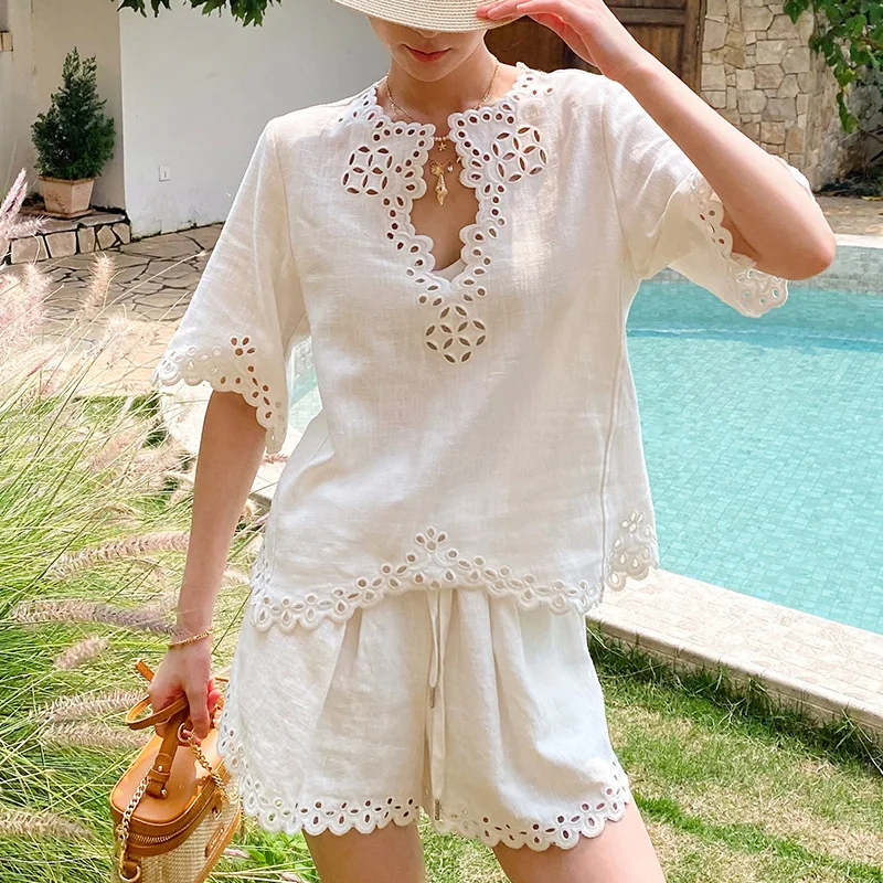 Summer White Linen Blouse Shirt Women Hollow Out Lace Embroidery V Neck Loose Short Sleeve Elegant French Casual Ladies Tops New - view 5