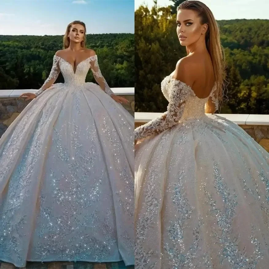 Customized Gorgeous Sweetheart Lace S Wedding Dresses Sweep Train Ballgown Off The Shoulder Full Beads Bridal Gowns