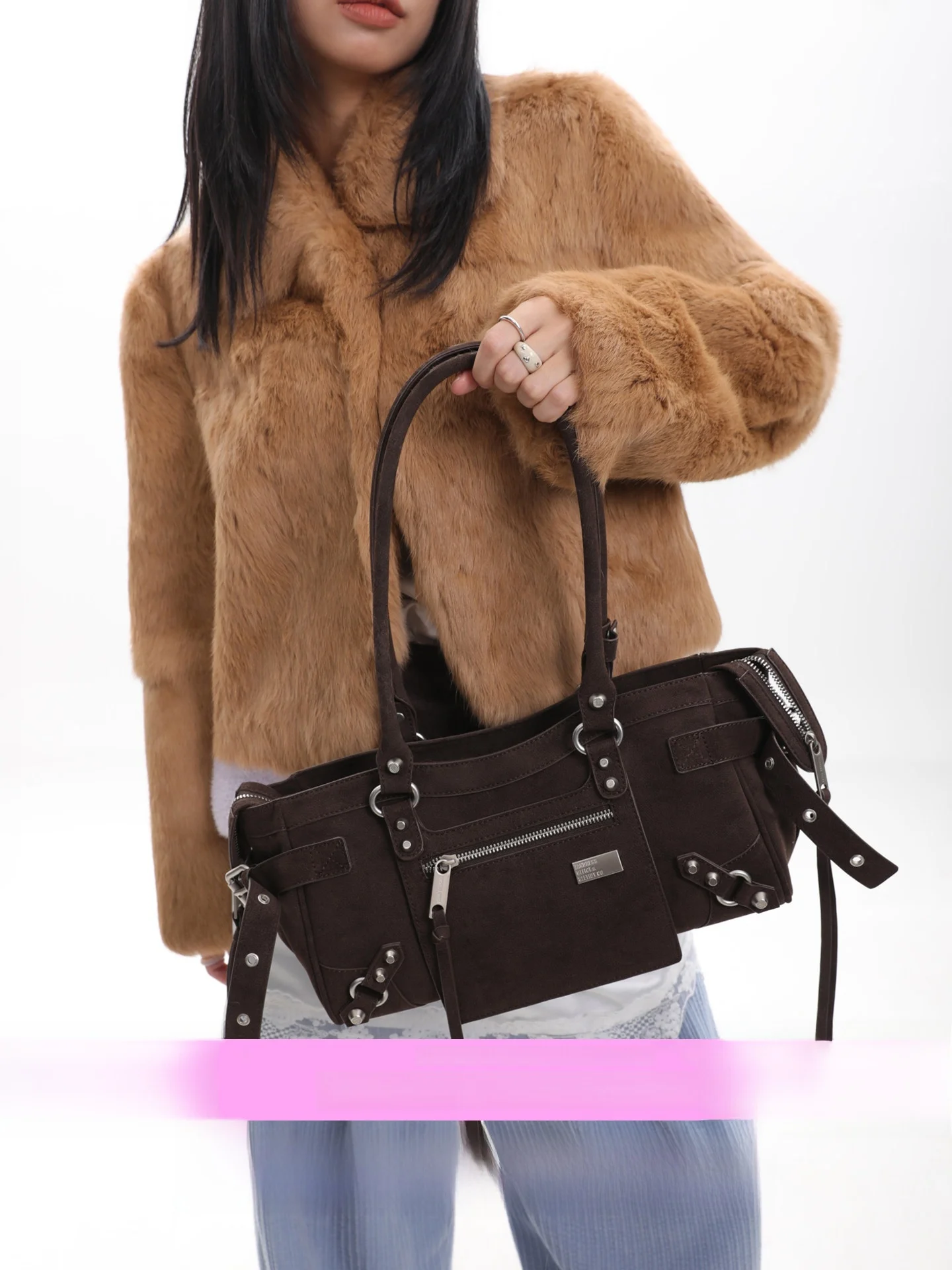 Original JANDRESS Motorcycle Bag 26SS Trendy Underarm Zipper Bag with Rivets for Young People Fashionable PU Leather Bag