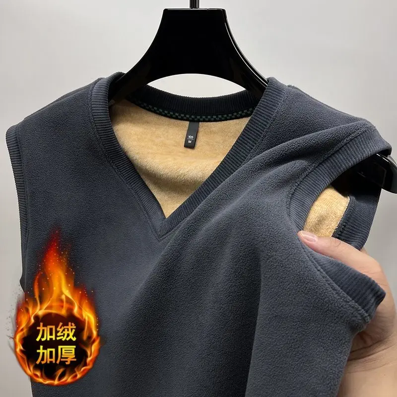 Fleece Jacket Vest Men's Warm Autumn and Winter Double-sided Velvet with Thick Velvet Dad Outfit Base V-neck Vest Top M205