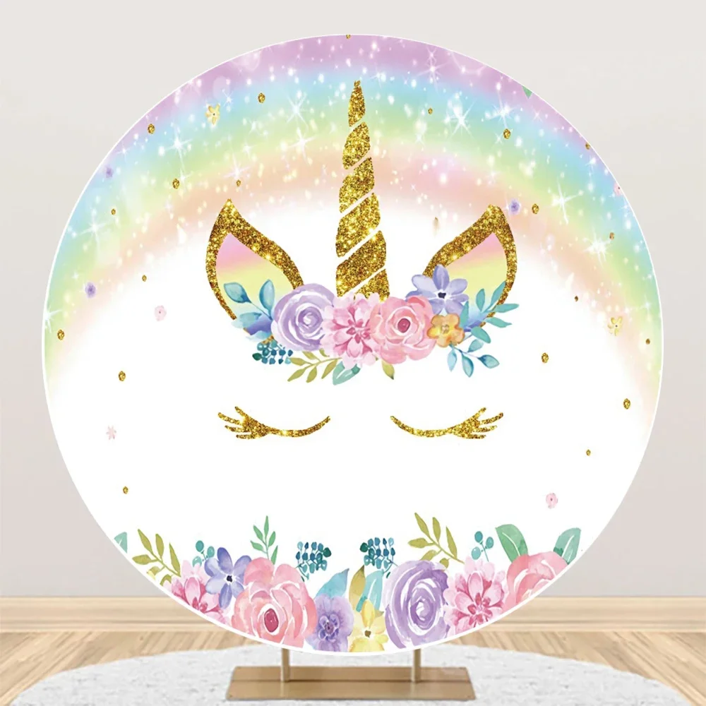 Tableclothsfactory Rainbow Unicorn Round Backdrop Gold Glitter Unicorn Floral Girls Baby Birthday Circle Cover For Photo Booth