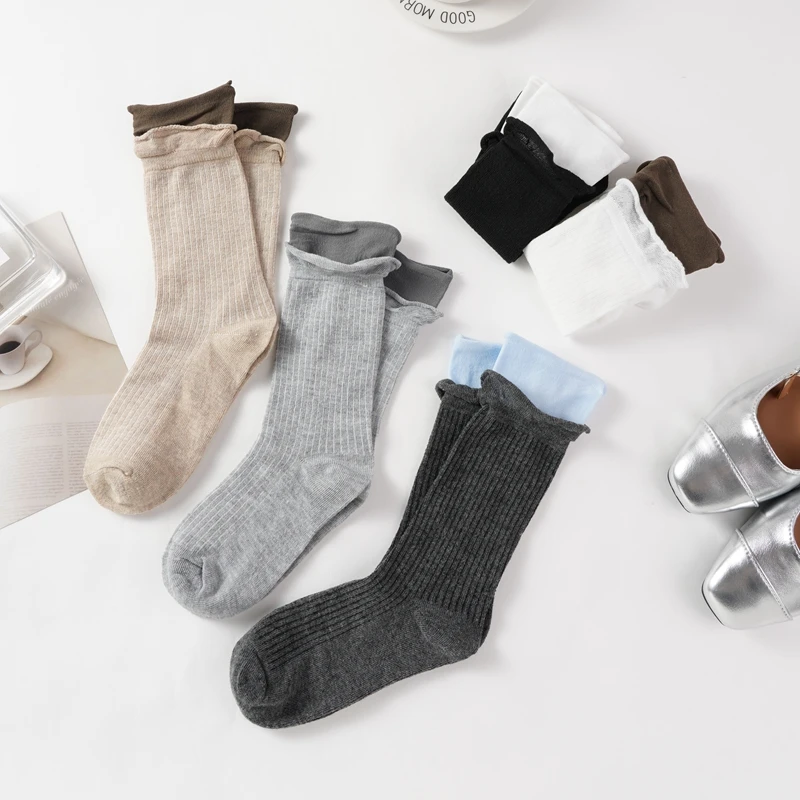 3 Pairs Women Fake Two Pieces Cotton Socks Solid Color Mid Length Socks New Fashoin Breathable Simple Autumn Socks