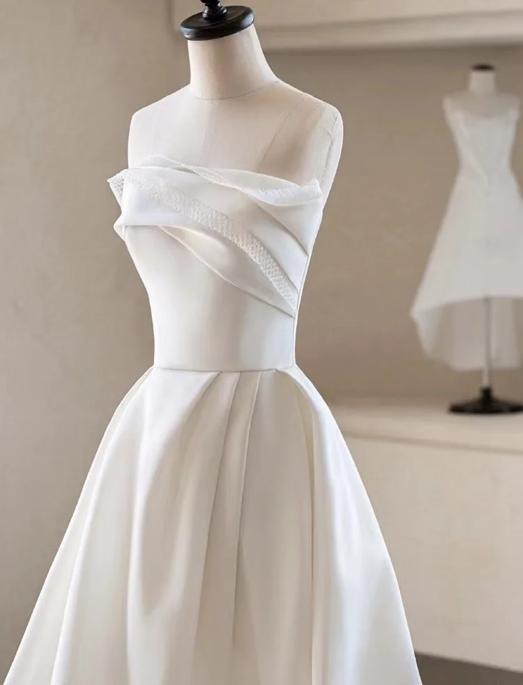 French Luxury White Satin Strapless Wedding Dress Elegant Sexy Long Prom Party Dress for Women Bride Trailing 2026