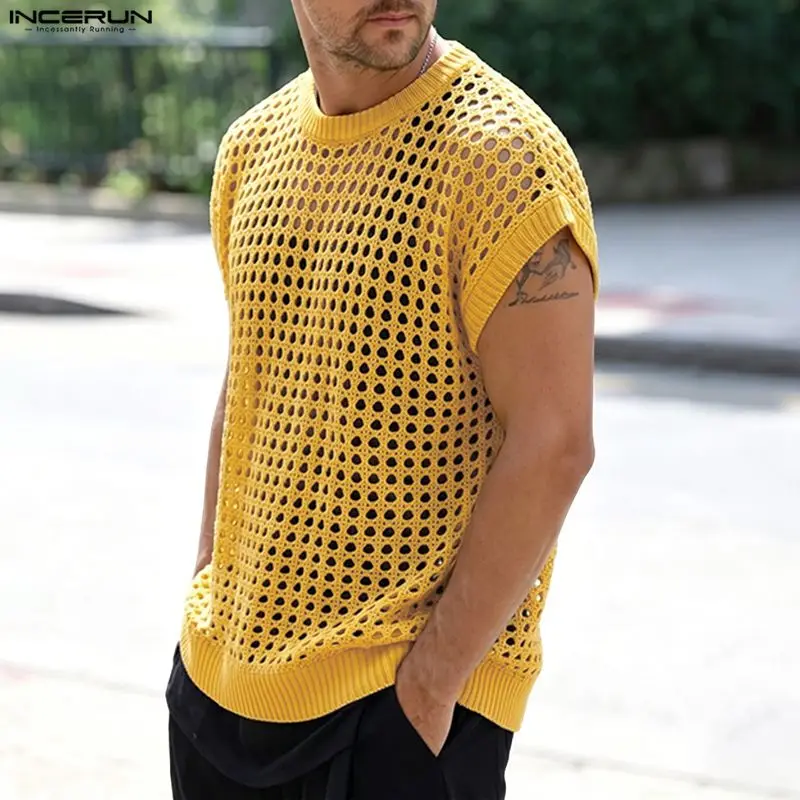INCERUN Men's Tank Tops Solid Hollow Out O-neck Sleeveless Male Vests Summer Streetwear Loose Fashion Casual Tops Men Clothes