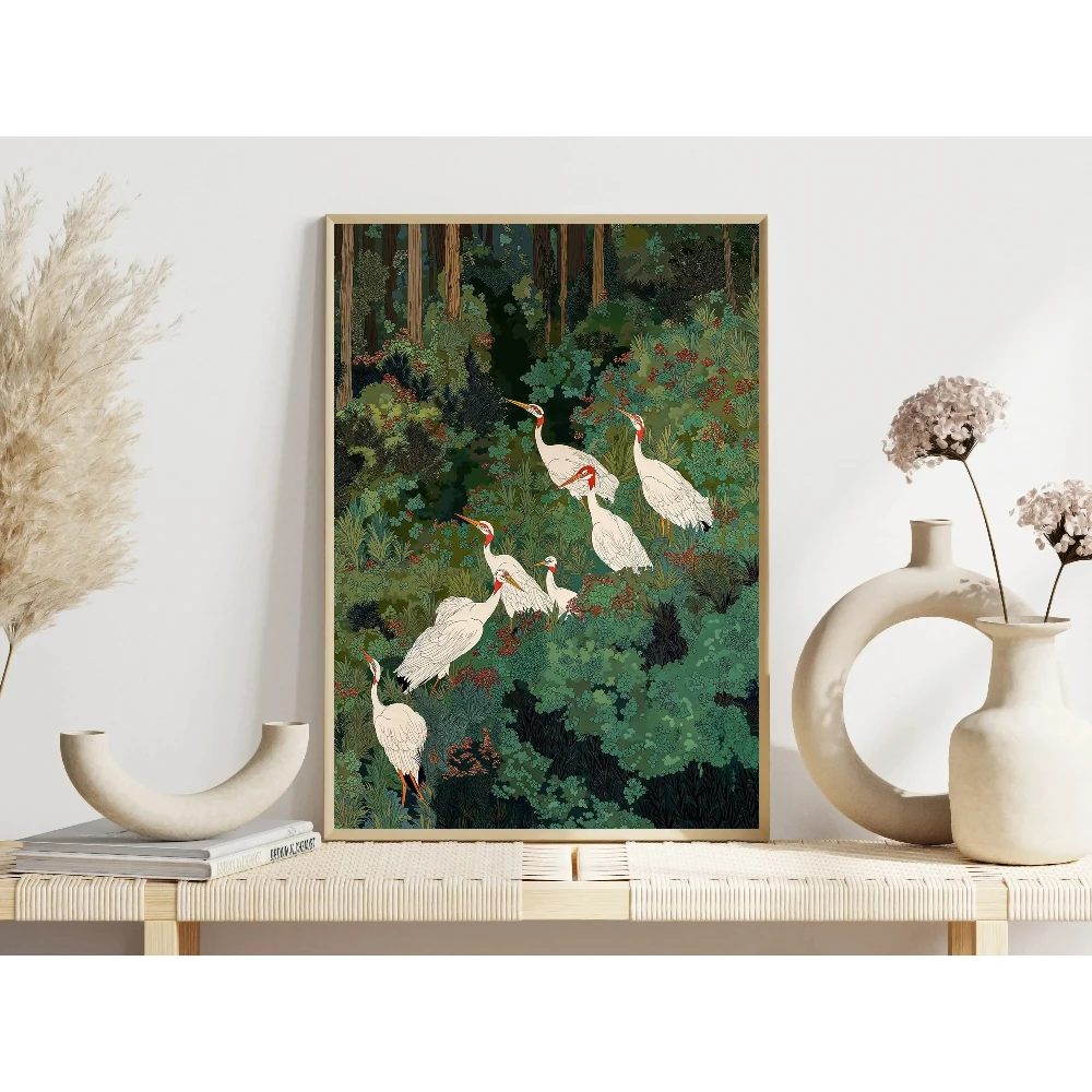 2026 Japanese Green Forest White Cranes Poster Chinoiserie Bird Modern Prints Canvas Painting Wall Art Picture Home Living Room 