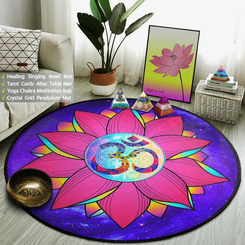 

Spiritual OM Symbol Round Rug Sacred Flower Of Life Yoga Meditation Mat Lotus Mandala Carpet Non-slip Trippy Galaxy Home Decor