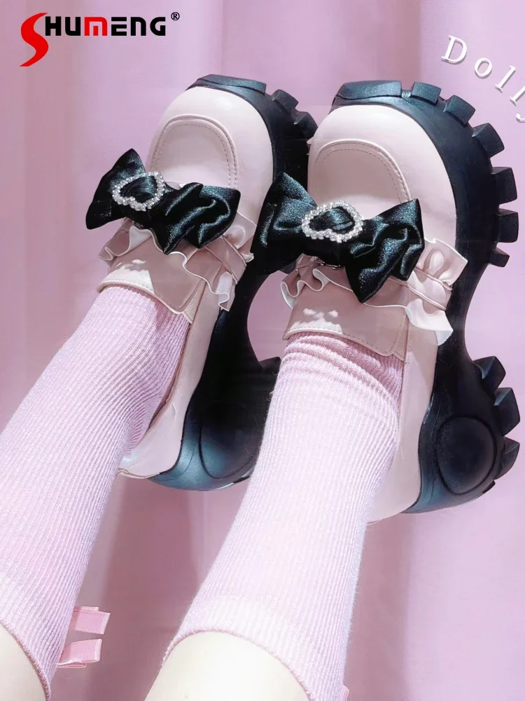 

Original Lolita JK Uniform Shoes Muffin High Heel Women's Love Heart Rhinestone Bowknot Detachable Shoes Chaussures Strass Femme