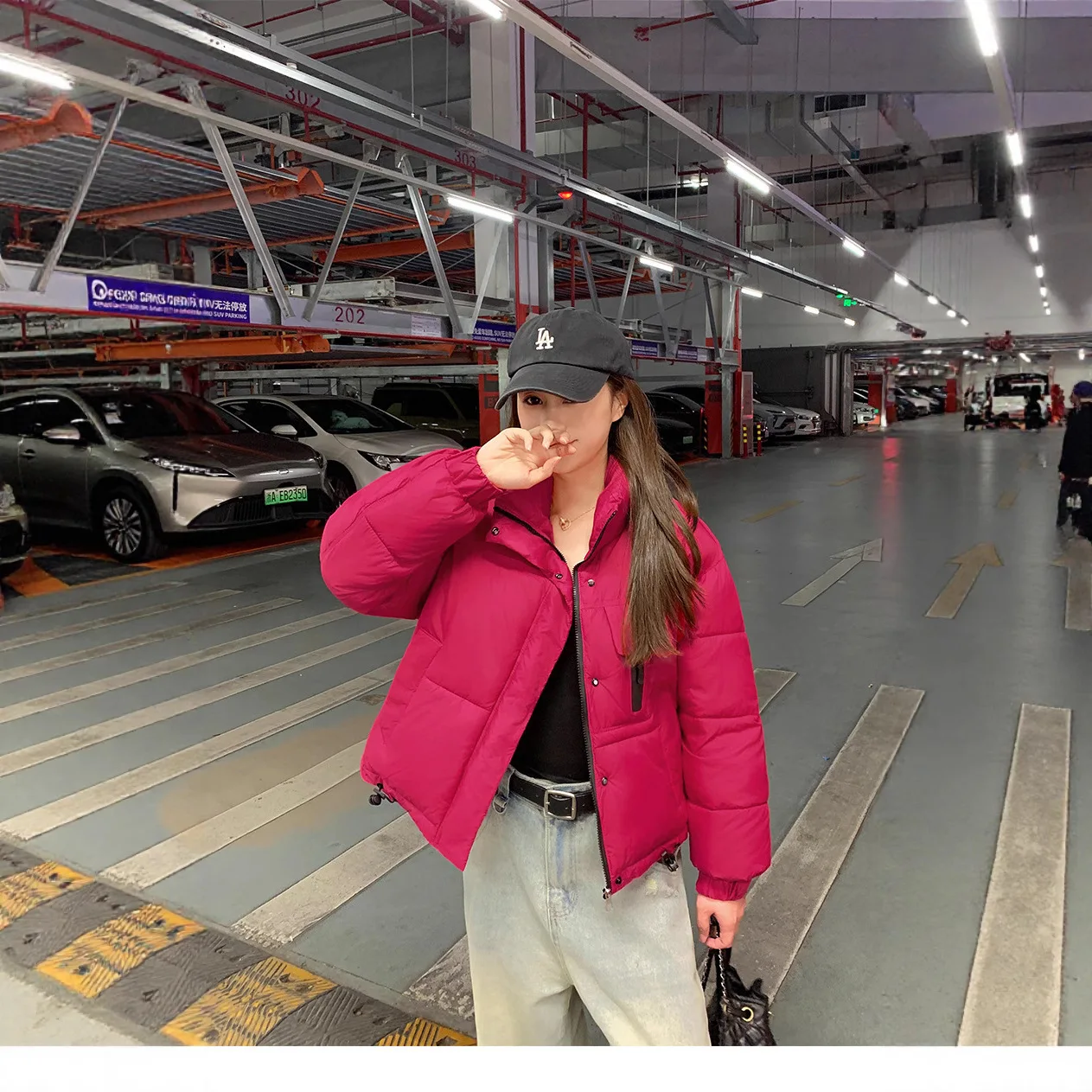 Women Oversize Parkas Jacket Short Coats Solid Drawstring Hem Stand Collar Zipper Thick Straight Office Lady Casual 2025 Winter