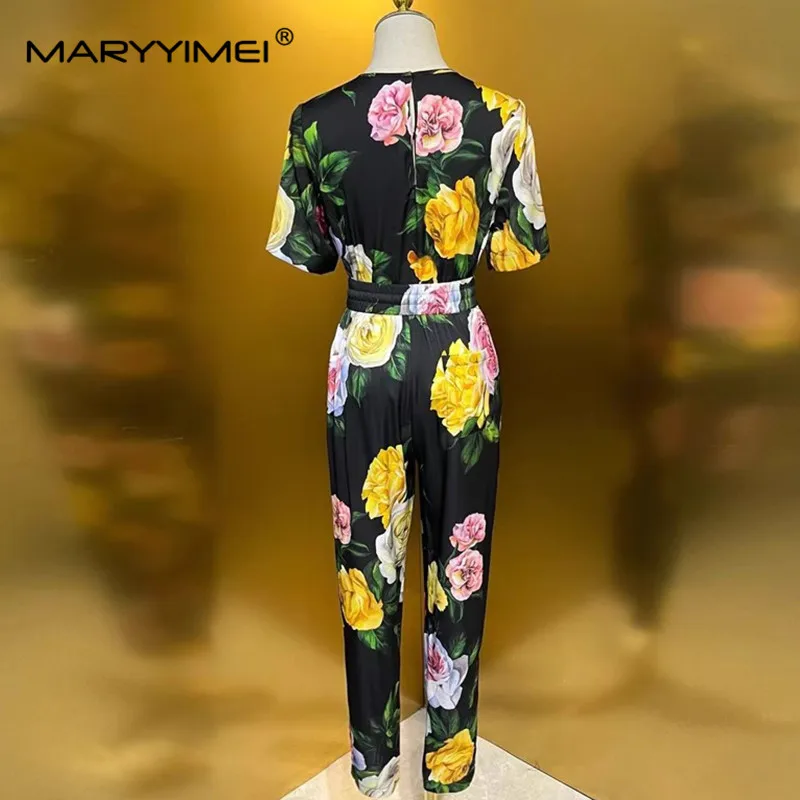 MARYYIMEI Spring and Summer Women's Suit Short-Sleeved Casual Tops+Elastic waist lace up pencil pants Print Silk 2-piece set