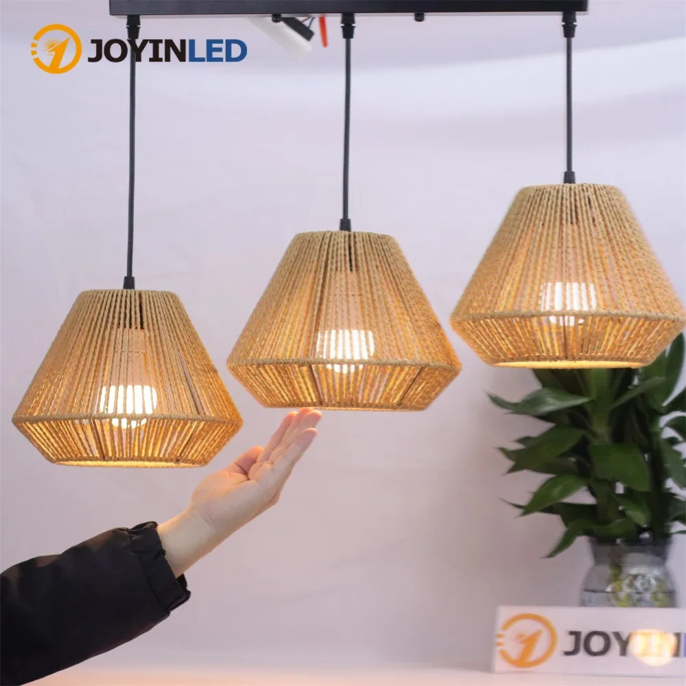 

JOYINLED 3-Light Retro Hemp Rope Hollow Woven Chandelier Lampshade Decoration Living Room Hotel Lighting Design Rattan Weaving